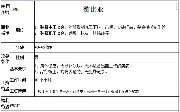 贊比亞：裝修木工、裝修瓦工