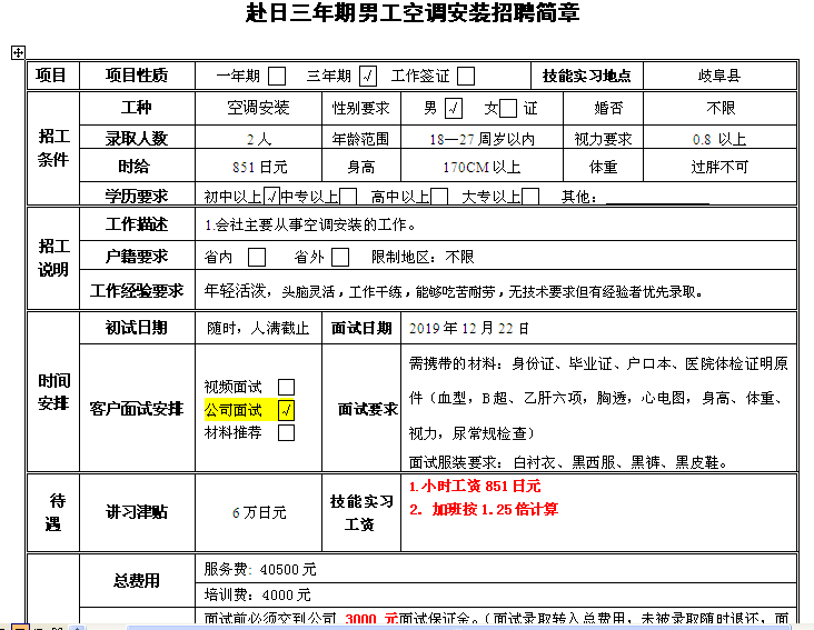 赴日本三年期男工空調(diào)安裝招聘簡(jiǎn)章