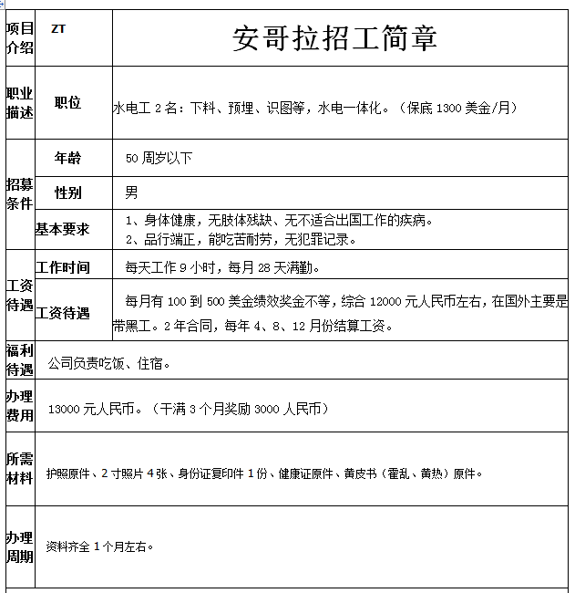安哥拉水電工招工簡(jiǎn)章