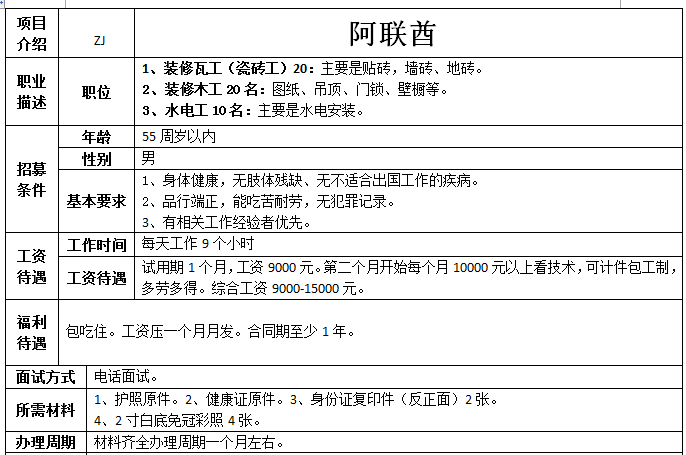 阿聯(lián)酋木工、瓦工、水電工招工簡章