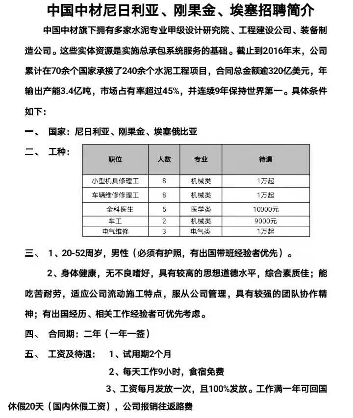 中材尼日利亞、剛果金、埃塞招工簡章